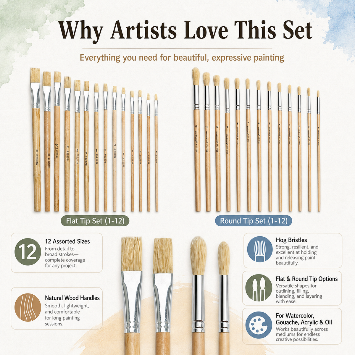 12-Piece Natural Hog Bristle Paint Brush Set – Round & Flat Options