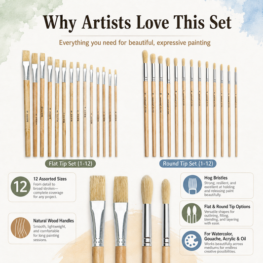 12-Piece Natural Hog Bristle Paint Brush Set – Round & Flat Options
