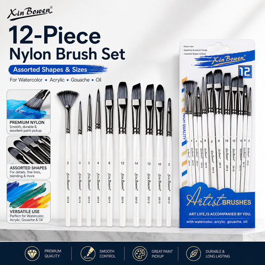 12-Piece Synthetic Nylon Paint Brush Set – Assorted Shapes for Acrylic, Watercolor, Gouache & Oil