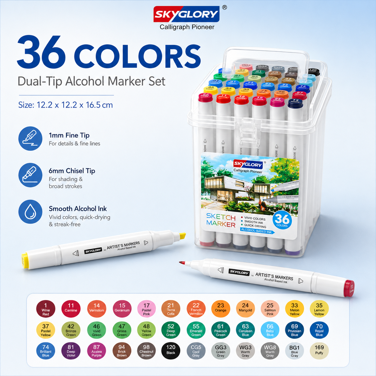 Skyglory Dual-Tip Alcohol Marker Sets – 36 / 48 / 60 / 80 Colors