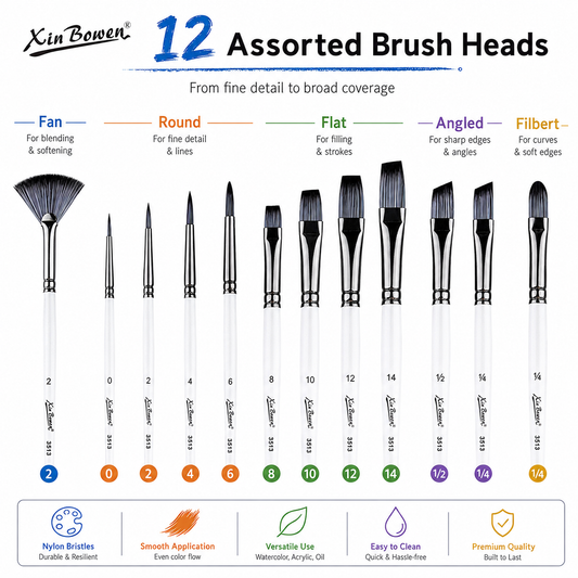 12-Piece Synthetic Nylon Paint Brush Set – Assorted Shapes for Acrylic, Watercolor, Gouache & Oil