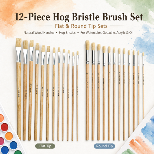 12-Piece Natural Hog Bristle Paint Brush Set – Round & Flat Options