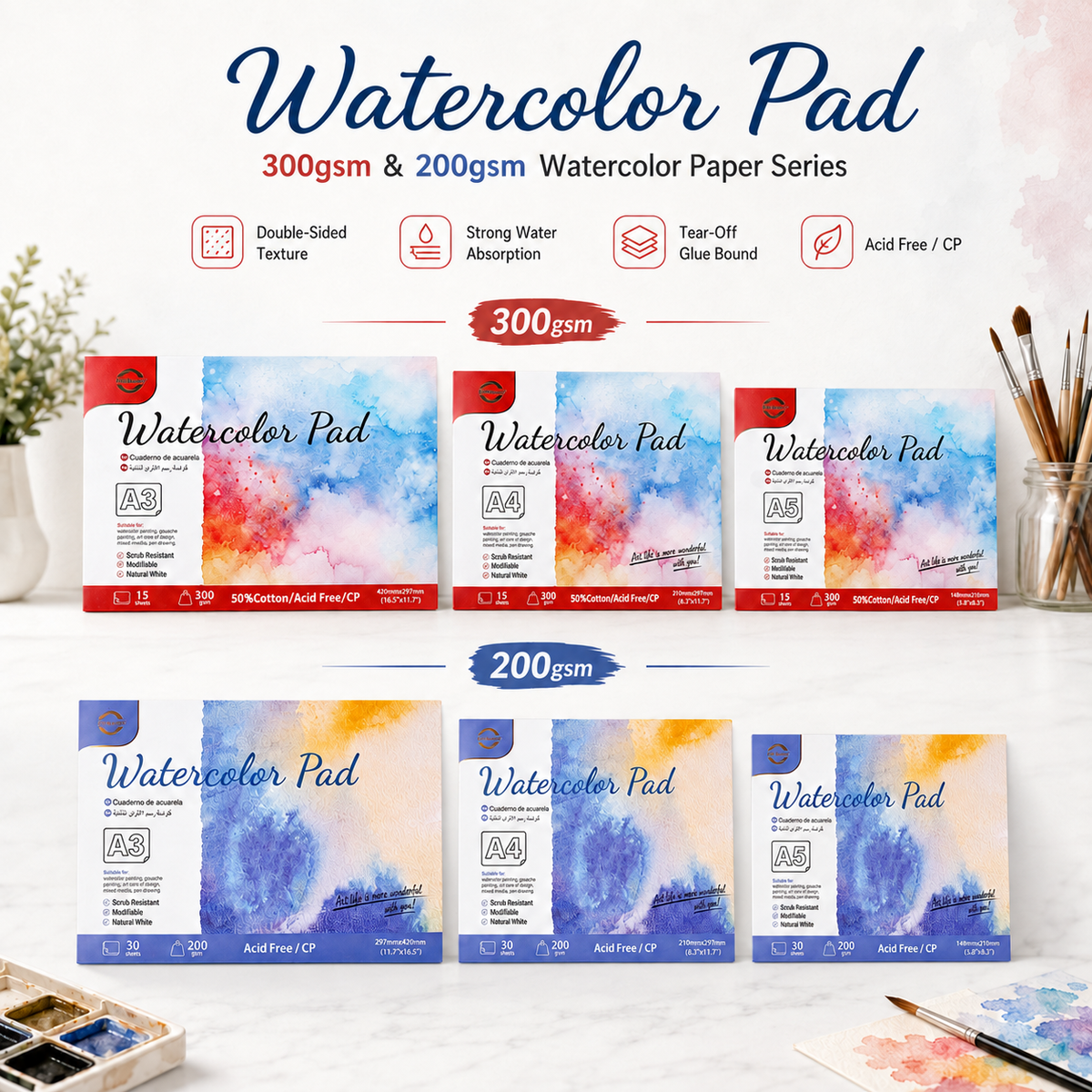 Watercolor Paper Pad – Cold Press, Acid-Free | 200gsm & 300gsm